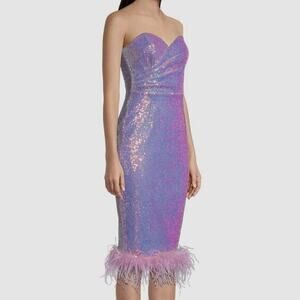 AMAZING MAE Strapless Sequin Feather Hem Midi Formal Dresss